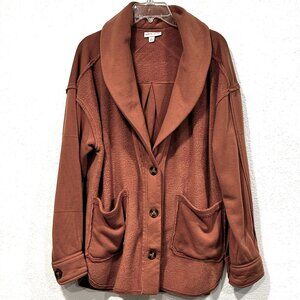 Knox Rose Fleece Jacket Shawl Collar V-Neck Burnt Rust Orange Button Up Size XXL